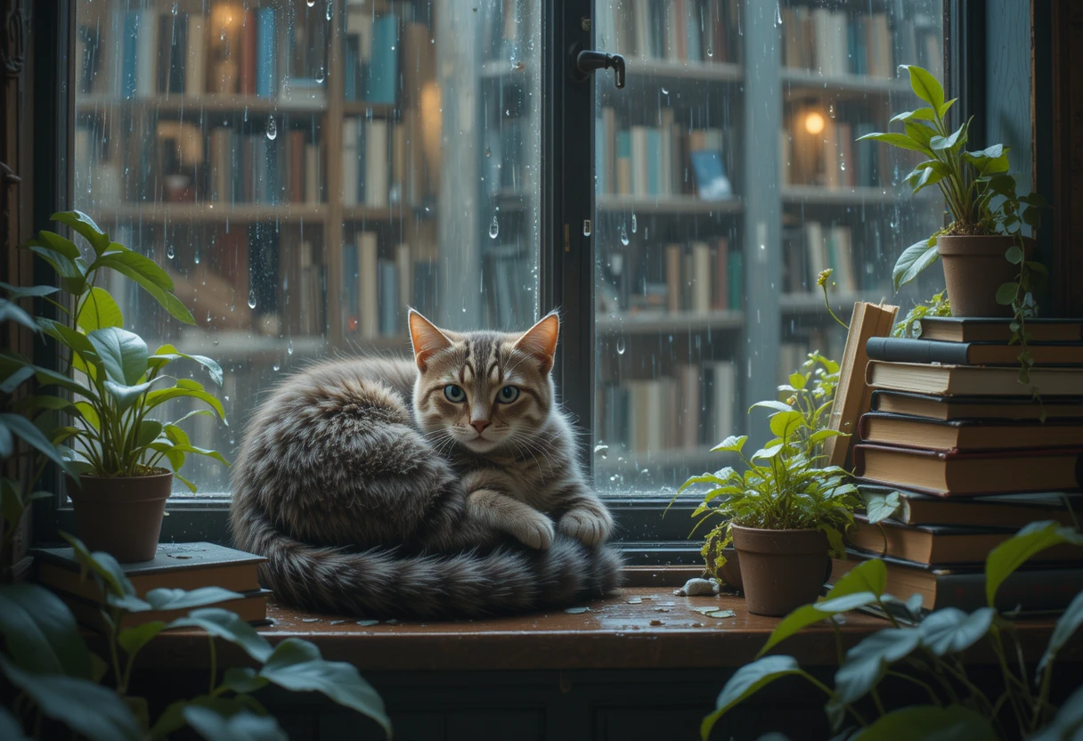 Rainy Day Cat on Bookshelf Window Sill
