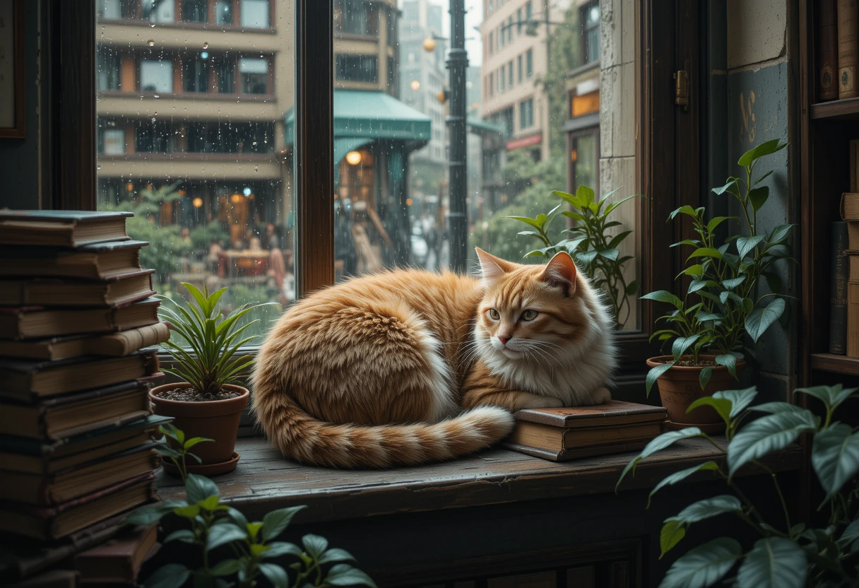 Rainy Day Cat on Bookshelf Window Sill