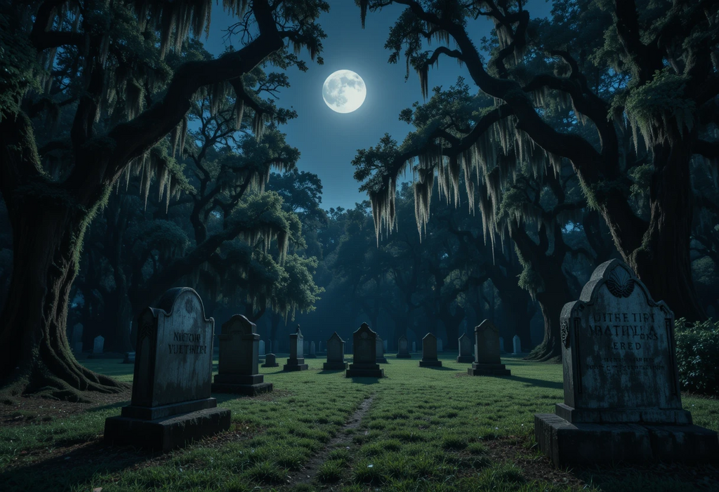 Moonlit Southern Cemetery Under Spanish Moss