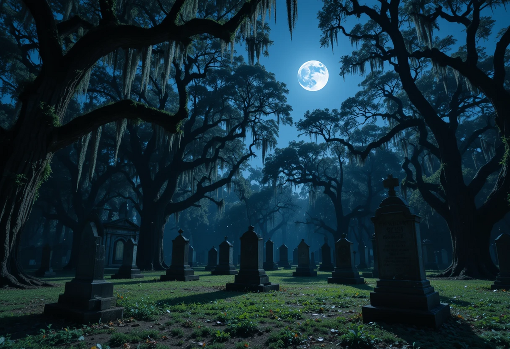 Moonlit Southern Cemetery Under Spanish Moss