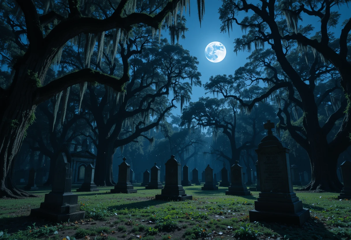 Moonlit Southern Cemetery Under Spanish Moss