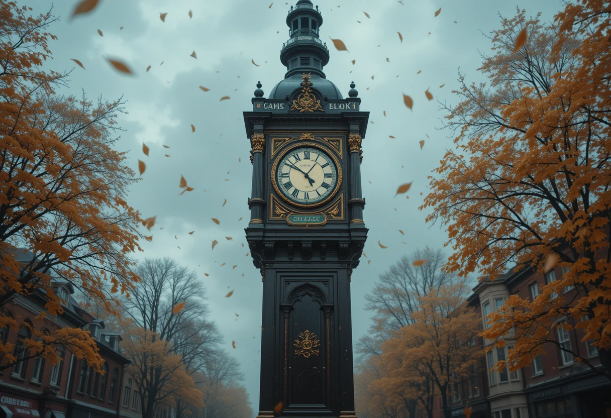 Autumn Clock Tower with Falling Leaves