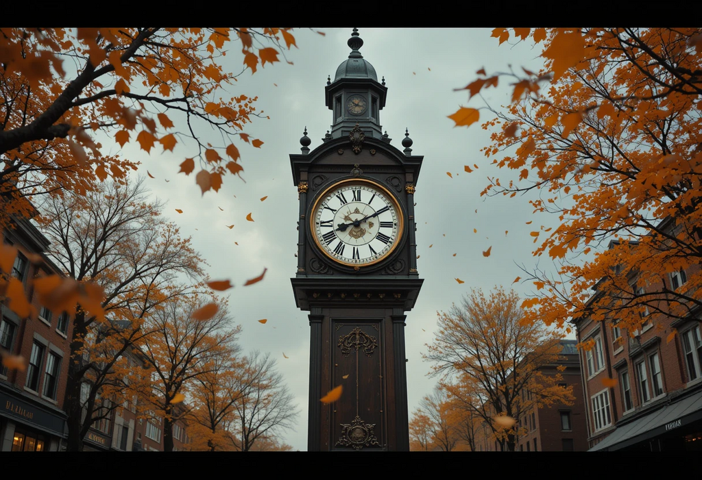 Autumn Clock Tower with Falling Leaves