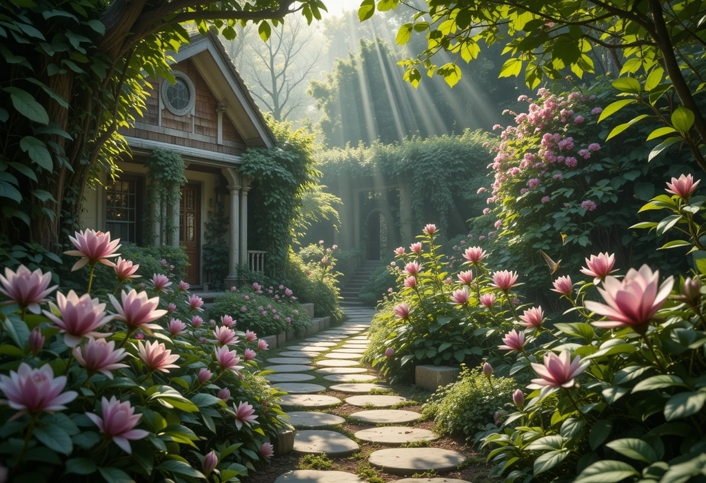 Secret Garden Cottage Path with Lotus Blooms