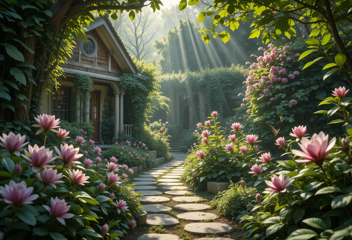 Secret Garden Cottage Path with Lotus Blooms