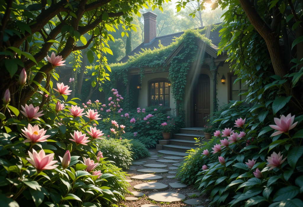 Secret Garden Cottage Path with Lotus Blooms
