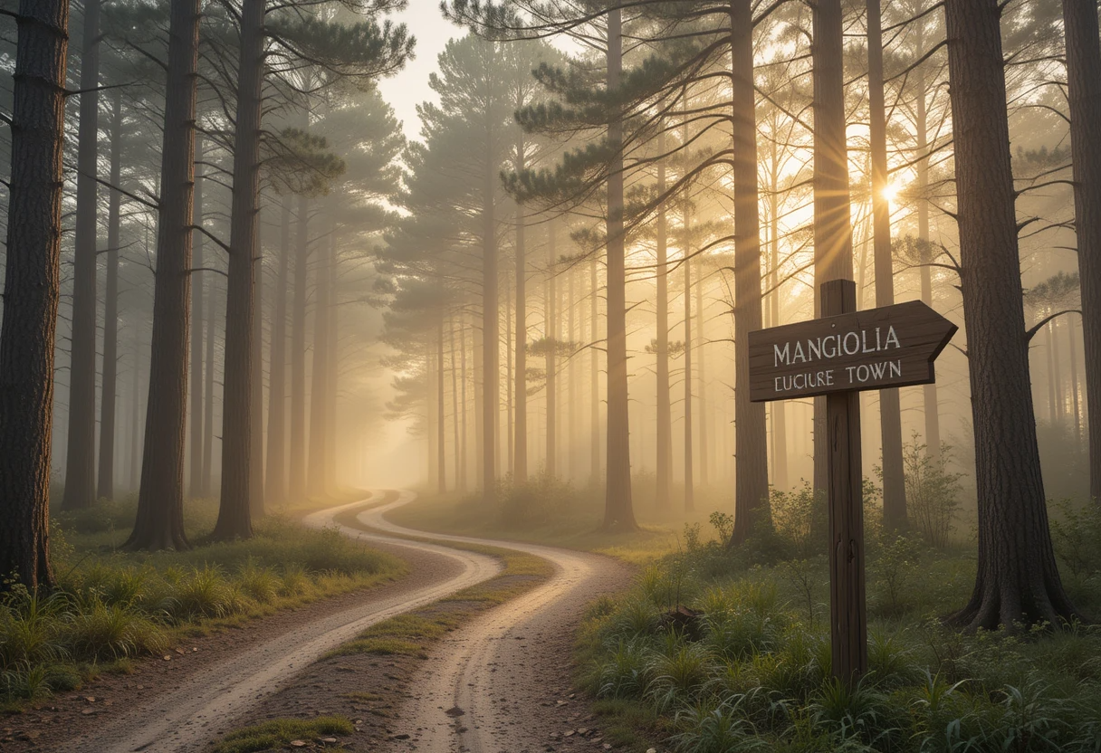 Misty Pine Forest Road to Magnolia in Town