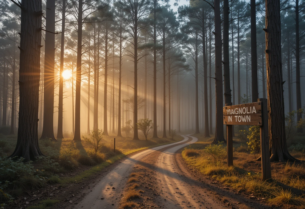 Misty Pine Forest Road to Magnolia in Town