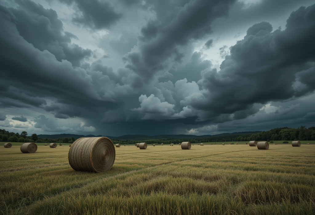 Storm Over Golden Hay Bales in Harvest Field!