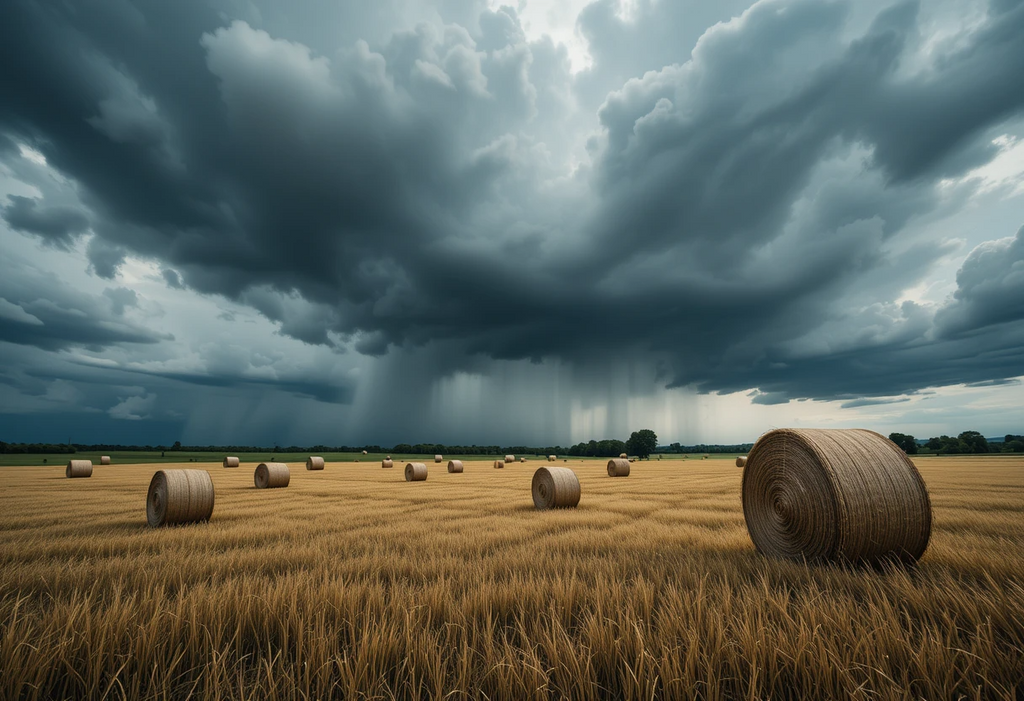 Storm Over Golden Hay Bales in Harvest Field!